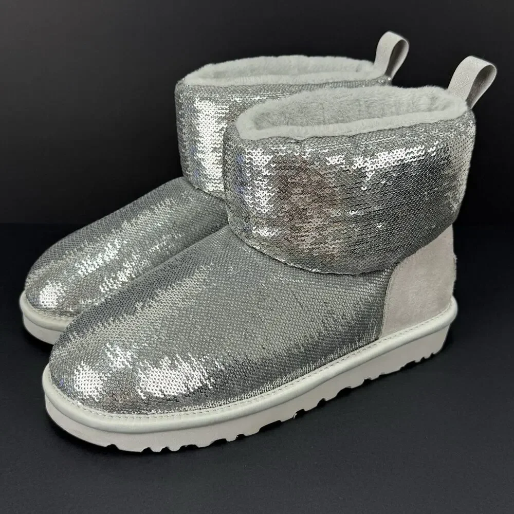 UGG Classic Mini Mirror Ball Women’s 7 Silver Sequin Boots Suede Winter NEW